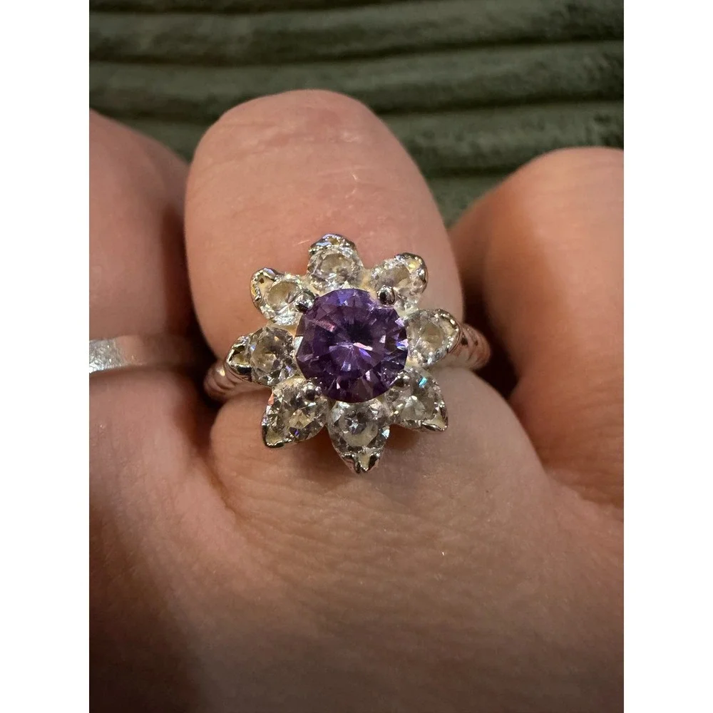 Sparkling Flower Ring Amethyst Saphire‎ Sterling Silver Statement Ring